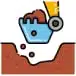 Illustration of an excavator scoop digging into the ground and lifting soil.