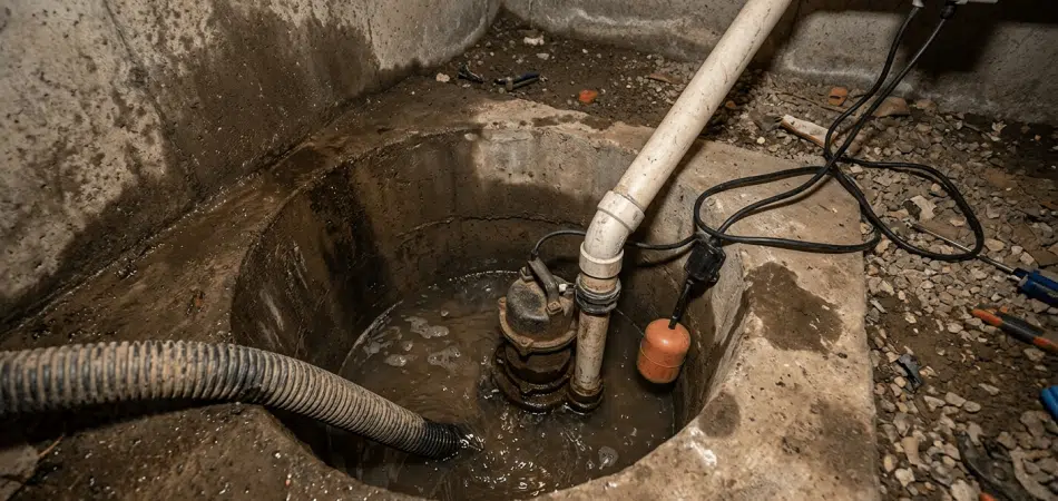 A heavy-duty metal sump pump sitting in a water-filled stone pit, discharging water through a black hose.