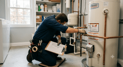 A professional plumber kneeling beside a home water heater in a tidy utility closet, holding a clipboard and inspecting a pipe connection