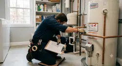 A professional plumber kneeling beside a home water heater in a tidy utility closet, holding a clipboard and inspecting a pipe connection