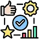 Icons of a thumbs up, gear, star, check mark, and bar chart arranged in a square, representing concepts of approval, process, quality, validation, and performance.