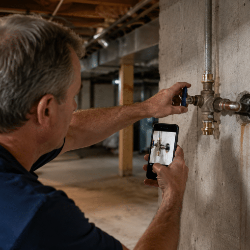 Basement Plumbing Inspection with Smartphone