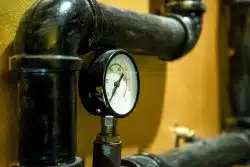 Close-up of a pressure gauge on black industrial pipes against a yellow wall. The gauge needle is in the green zone, indicating normal pressure.