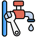 Icon showing a wrench beside a dripping water tap against a black background.