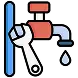 Icon showing a wrench beside a dripping water tap against a black background.