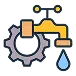 Illustration of a golden faucet over a gray gear with a blue water droplet
