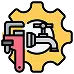 Icon of a plumbing wrench and faucet over a yellow gear