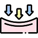 Icon of simplified diagram of air pressure. Three arrows point downward, with two blue and one yellow, over a curved pink shape suggesting airflow dynamics