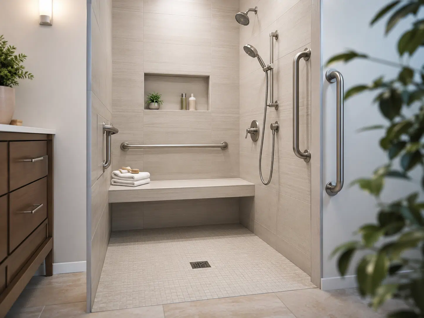 Curbless Walk-In Shower With Safety Features