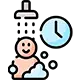Icon of a person taking a shower with soap bubbles, water spraying from a showerhead, and a clock in the background.