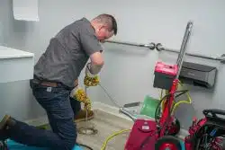 A plumber kneels on the floor using a drain cleaning machine to tackle plumbing problems and clear a pipe in a bathroom. Tools and equipment are nearby.