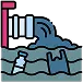 Illustration of a pipe discharging polluted water with a plastic bottle and bag floating in it.