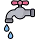 Illustration of a gray water faucet with a red handle, leaking two blue water droplets.