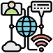 Illustration of a globe connected to a person, a chat bubble, a cloud, and a Wi-Fi symbol, representing global communication and internet connectivity.
