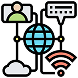 An illustration showing a globe connected to a person, a chat bubble, a cloud, and a Wi-Fi symbol, representing global digital communication.