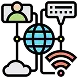 An illustration showing a globe connected to a person, a chat bubble, a cloud, and a Wi-Fi symbol, representing global digital communication.