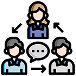 Illustration of three people connected by arrows, with a speech bubble in the center, representing communication or teamwork.