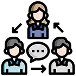 Illustration of three people connected by arrows, with a speech bubble in the center, representing communication or teamwork.