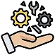 A hand holding two gears and a wrench icon