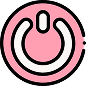 A pink circular power button icon with a white power symbol in the center and a black outline.