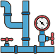 Icon of a blue piping gas line system featuring interconnected pipes, a pressure gauge, and red valves