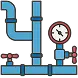 Icon of a blue piping gas line system featuring interconnected pipes, a pressure gauge, and red valves