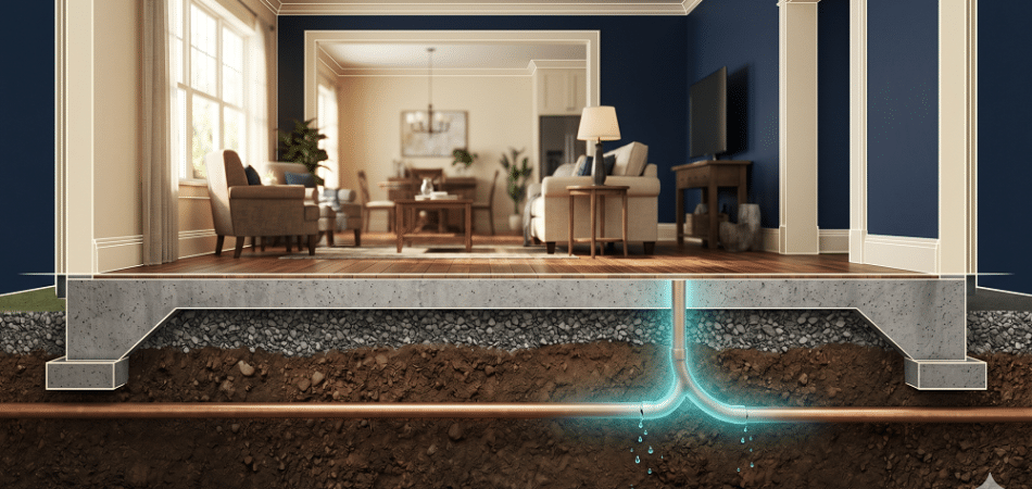 A cross-section of a living room shows water leaking from an underground pipe beneath the house’s concrete foundation into the soil.