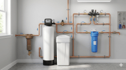 Water filtration system with multiple components, copper pipes, and gauges.