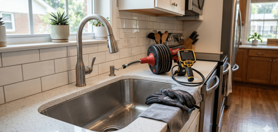 A kitchen sink with a faucet, work gloves, and plumbing inspection tools on the counter; potted plants are on the windowsill.
