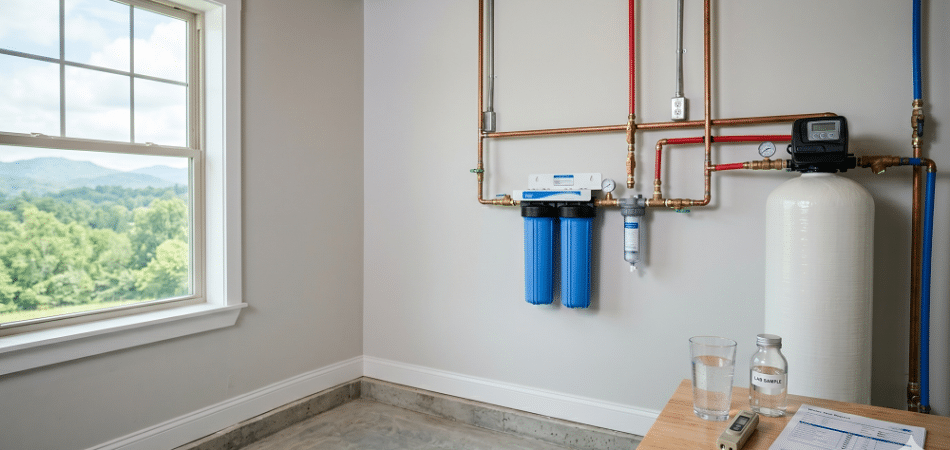 A home water filtration system is mounted on a wall in a utility room with visible pipes; a table holds a glass of water, a bottle, and paperwork. A window shows trees and mountains outside.