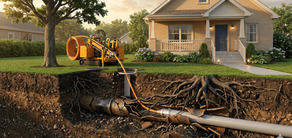 A machine repairs a broken underground pipe beneath a lawn, with the process and tree roots visible in a cutaway view in front of a suburban house.