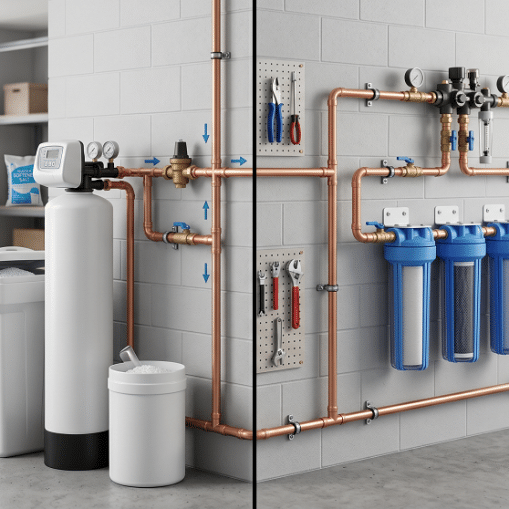 A water softener system and a multi-stage water filtration system with copper piping are shown in a garage.