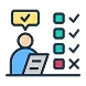 Icon of a person with a laptop, checklist beside them. Yellow speech bubble with a check mark above