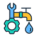 Icon of a pipe with a dripping tap, flanked by a wrench and gear.