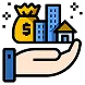 Illustration of an open hand holding various buildings
