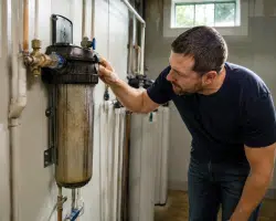 Homeowner Inspecting an Aging Whole-Home Water Filter