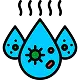 Three blue water droplets with green virus-like symbols inside,