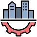 Icon of two high-rise buildings above a large red gear, symbolizing urban development or city infrastructure.