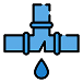 Icon of a blue water valve with a leak drop falling from it icon