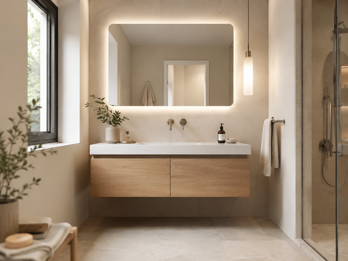 Modern minimalist shower with neutral tones