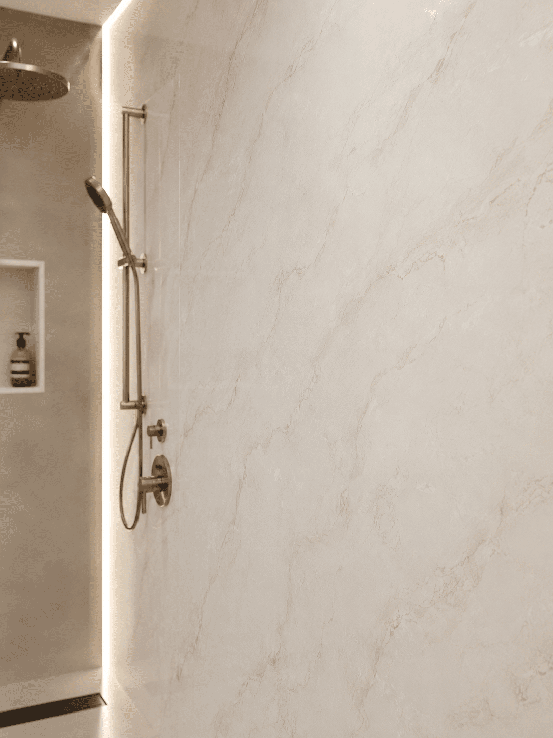 Minimalist modern shower with brass accents