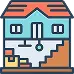 Icon of a two-story house with a staircase visible, a front door, two windows, and a package on the porch.