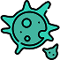 A teal, abstract virus icon
