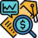 Icon depicting financial analysis. Features a speech bubble with a line graph, a magnifying glass over a dollar symbol, and documents