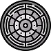 A circular target with concentric rings and radial lines, resembling a dartboard or bullseye, in grayscale.