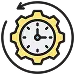 Yellow gear with a clock face in the center, surrounded by a black circular arrow, representing time management or process automation.