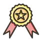 A gold award medal with a star in the center and two red ribbons hanging below.