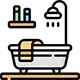 Illustration of a bathroom with a bathtub, a yellow towel draped over the tub, a wall-mounted showerhead, and a shelf holding bottles.