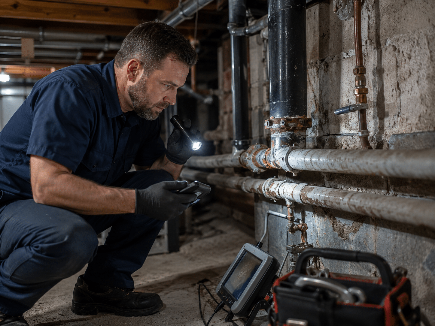 Plumber inspecting pipes in basement