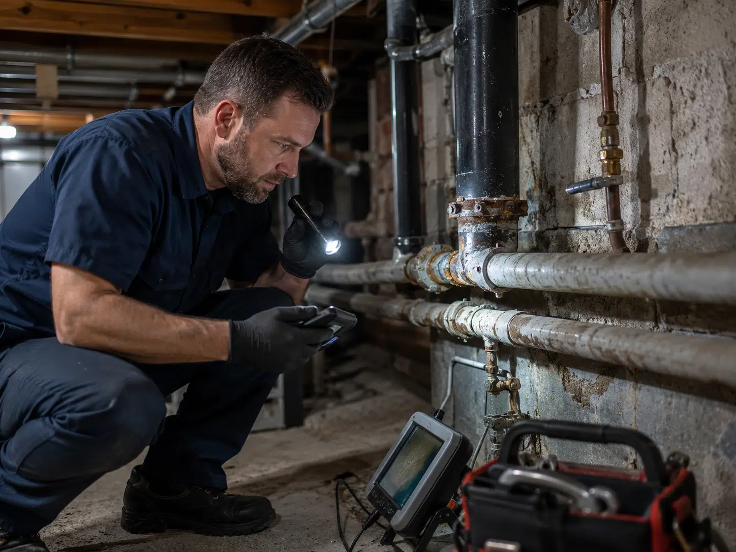 Plumber inspecting pipes in basement